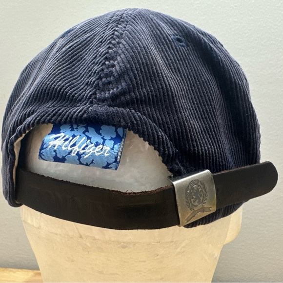 Vintage Tommy Hilfiger Surf Blue Corduroy Hat Embroidered Logo Leather Strapback - Picture 7 of 16